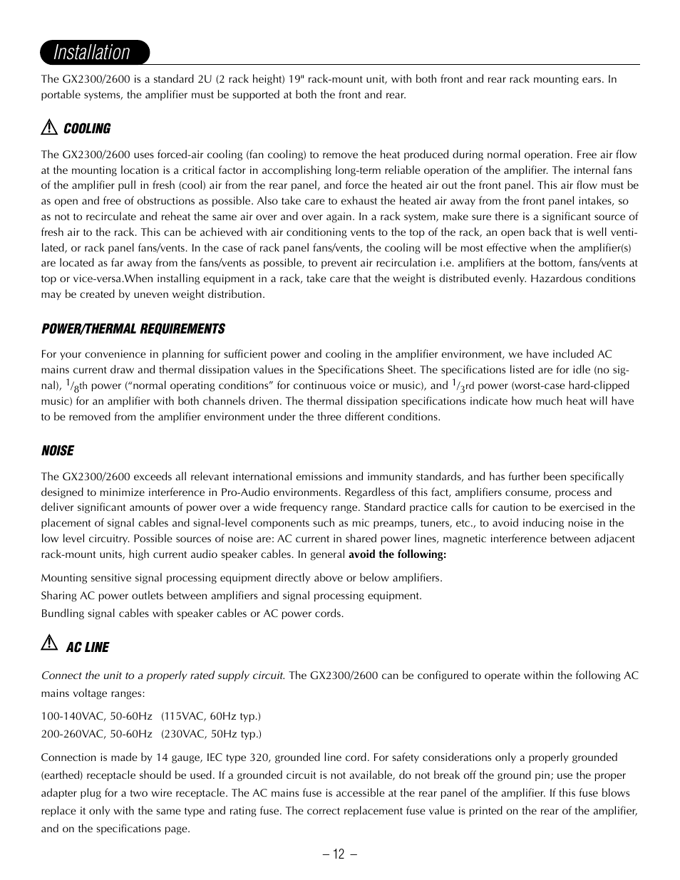 Installation | Hafler GX2600CE User Manual | Page 14 / 44