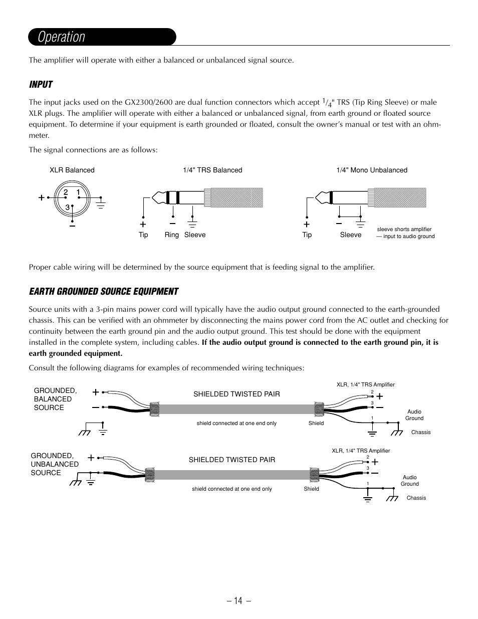 Operation, Input, Earth grounded source equipment | Hafler GX2600CE User Manual | Page 16 / 44