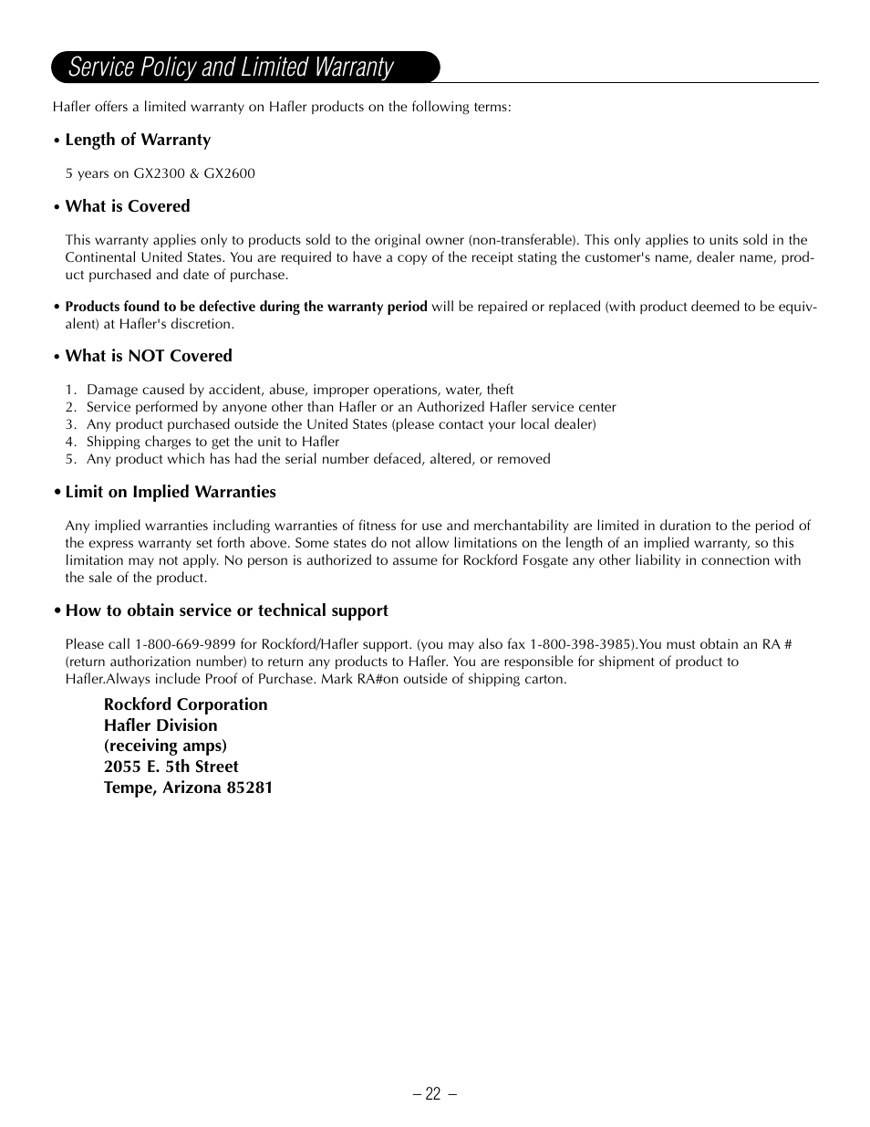 Service policy and limited warranty | Hafler GX2600CE User Manual | Page 24 / 44