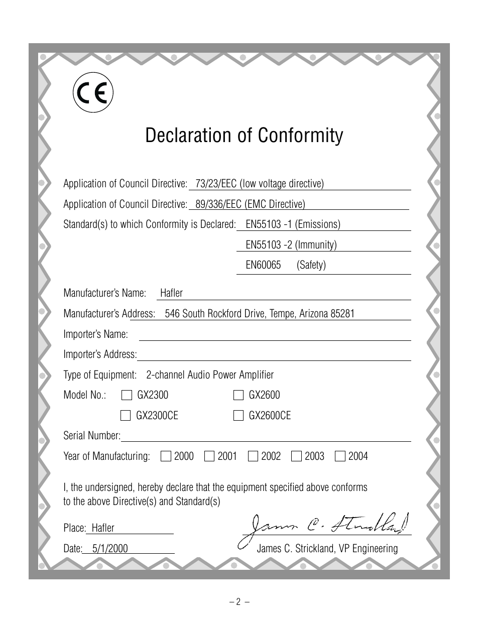 Declaration of conformity | Hafler GX2600CE User Manual | Page 4 / 44