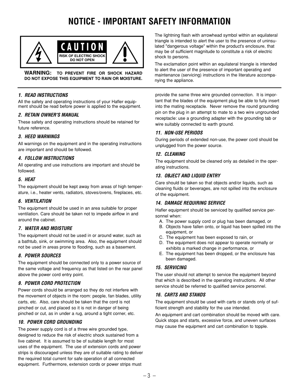 Notice - important safety information | Hafler GX2600CE User Manual | Page 5 / 44