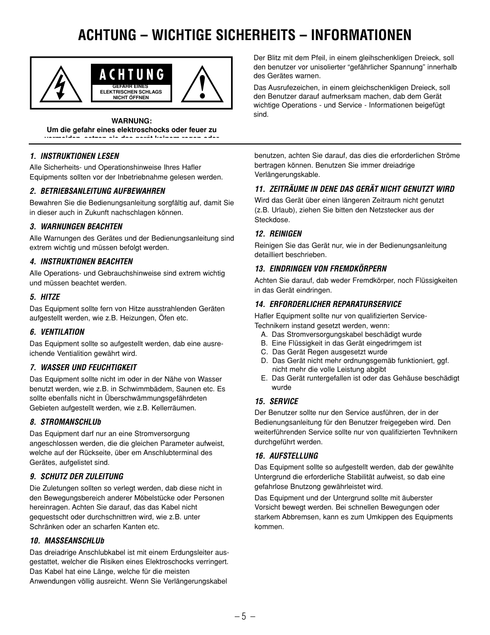 Achtung – wichtige sicherheits – informationen | Hafler GX2600CE User Manual | Page 7 / 44