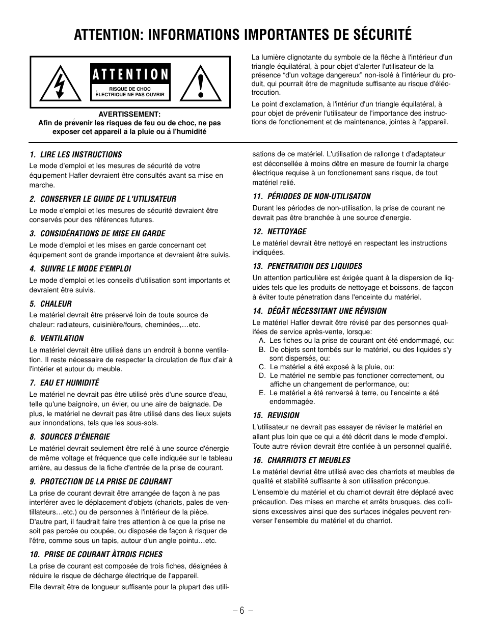 Attention: informations importantes de sécurité | Hafler GX2600CE User Manual | Page 8 / 44