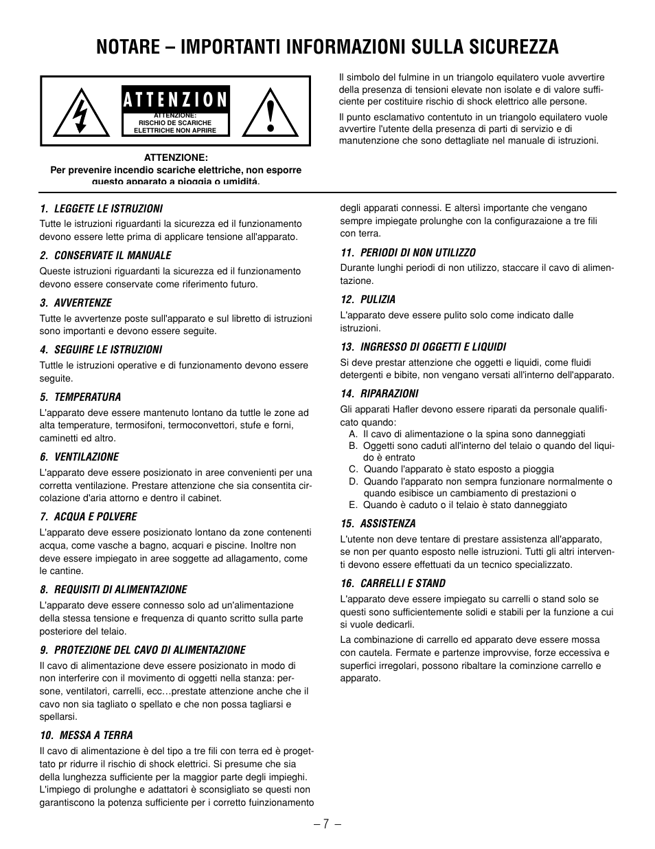 Notare – importanti informazioni sulla sicurezza | Hafler GX2600CE User Manual | Page 9 / 44