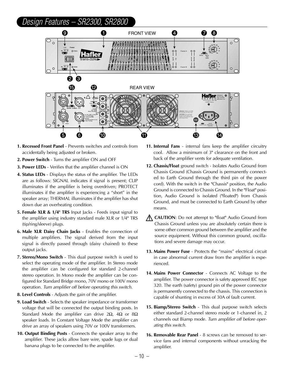 Front view rear view | Hafler SR2800CE User Manual | Page 12 / 24
