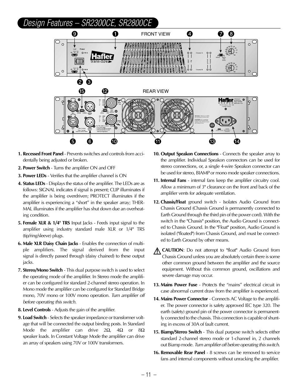 Front view rear view | Hafler SR2800CE User Manual | Page 13 / 24