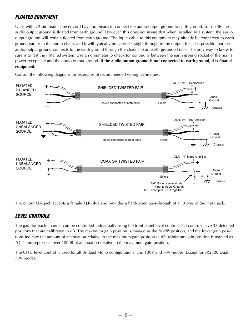 15 – floated equipment, Level controls | Hafler SR2800CE User Manual | Page 17 / 24