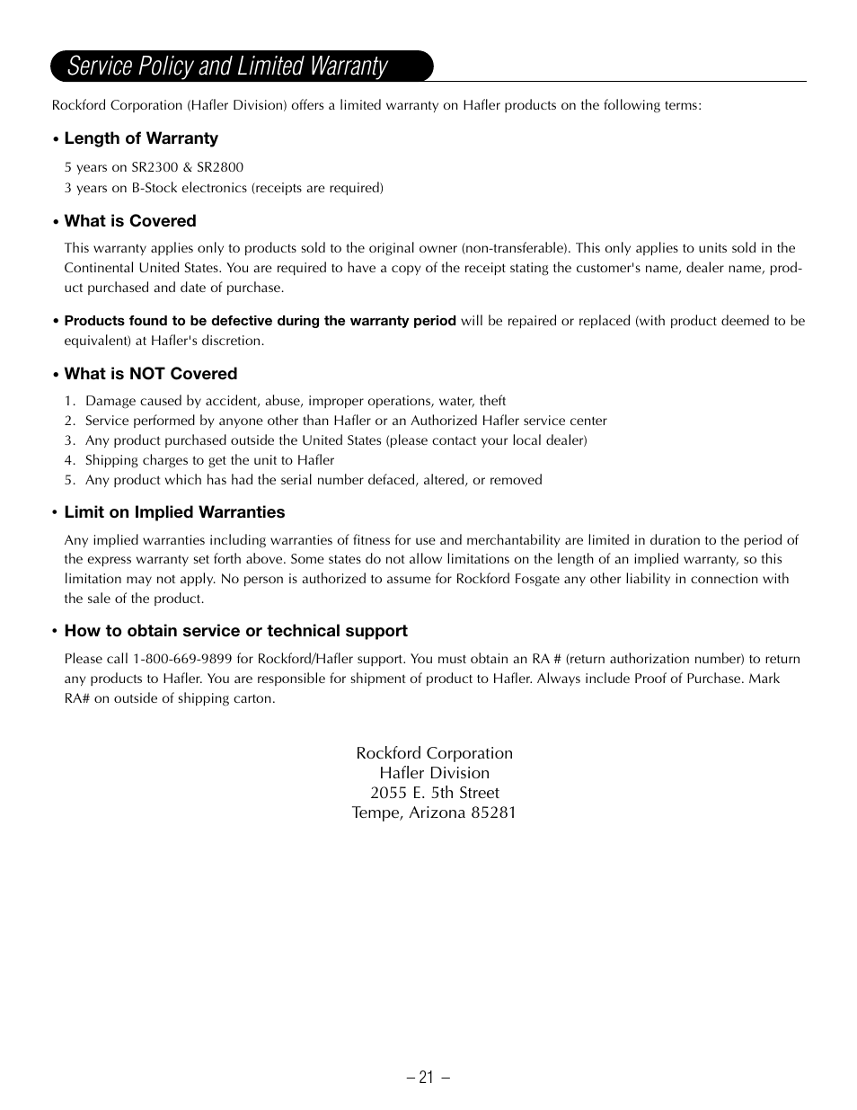 Service policy and limited warranty | Hafler SR2800CE User Manual | Page 23 / 24