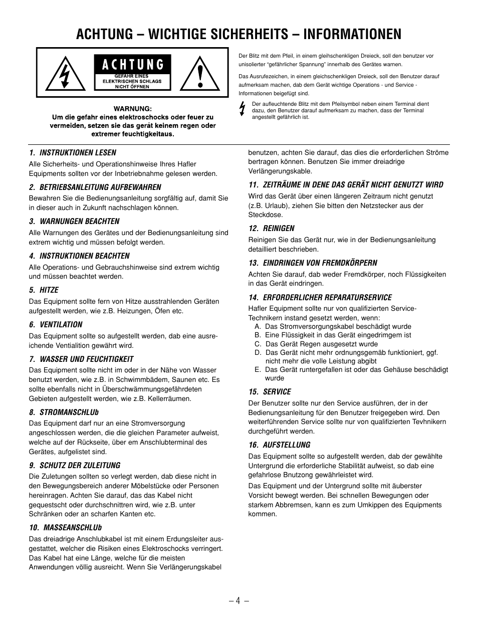 Achtung – wichtige sicherheits – informationen | Hafler SR2800CE User Manual | Page 6 / 24