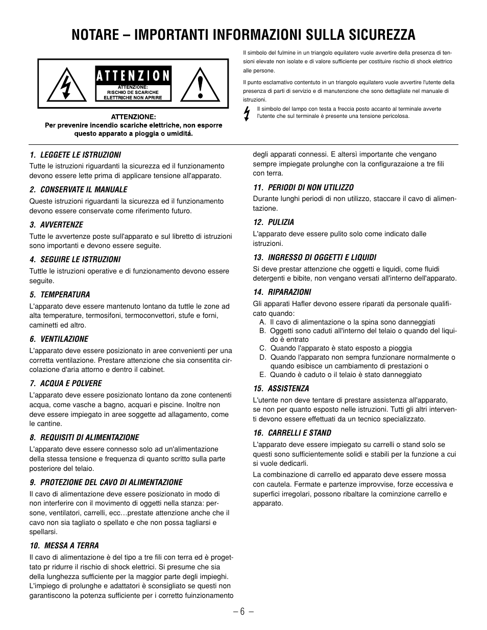 Notare – importanti informazioni sulla sicurezza | Hafler SR2800CE User Manual | Page 8 / 24
