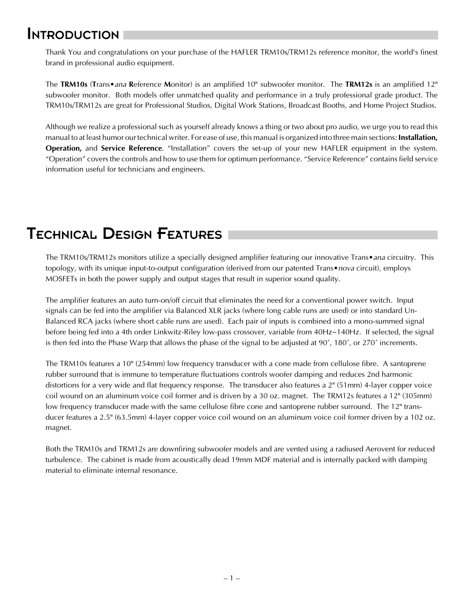 Ntroduction, Echnical, Esign | Eatures | Hafler TRANSANA TRM10S User Manual | Page 10 / 32