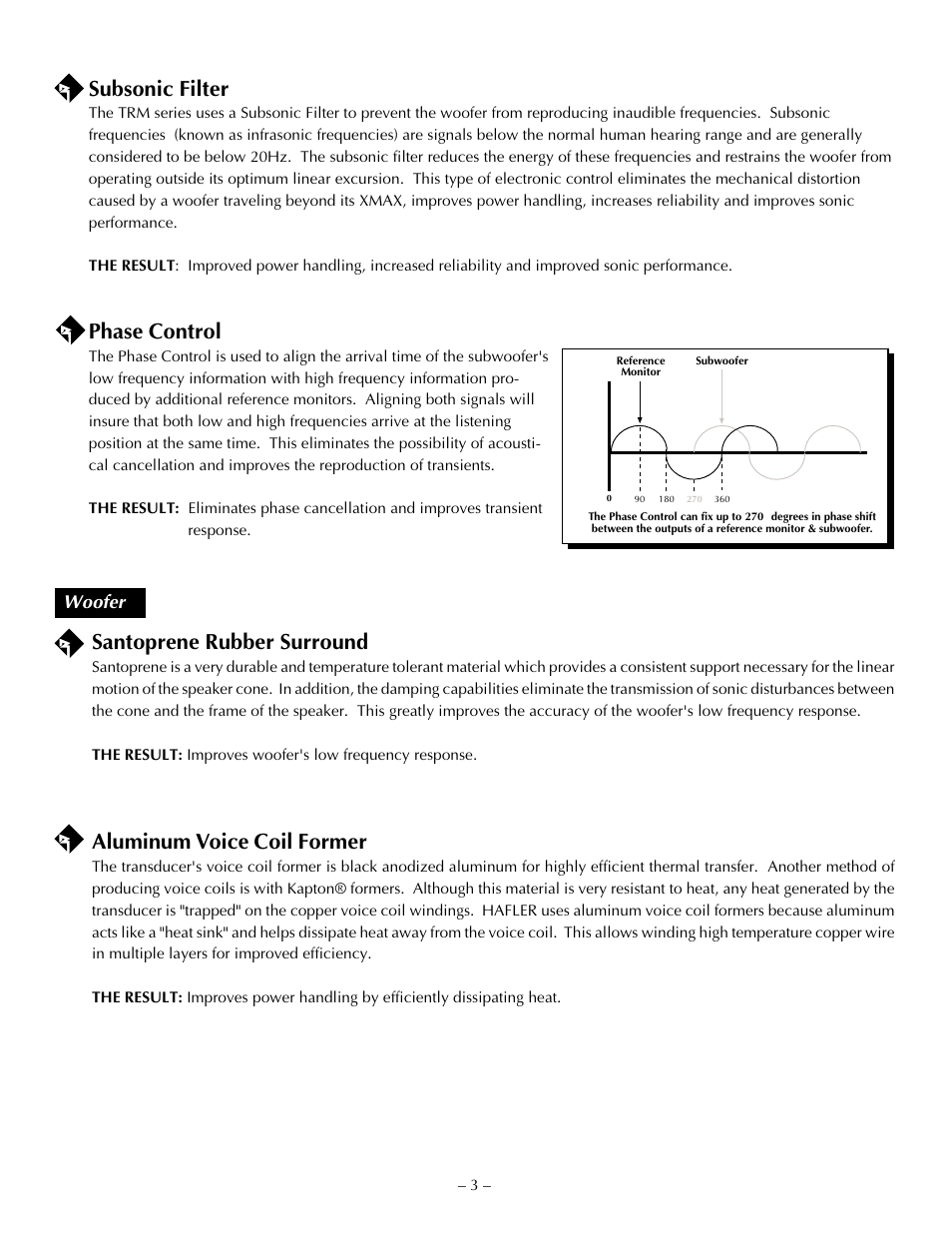 Santoprene rubber surround, Aluminum voice coil former, Subsonic filter | Phase control, Woofer | Hafler TRANSANA TRM10S User Manual | Page 12 / 32