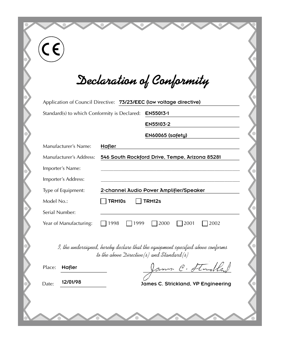 Declaration of conformity | Hafler TRANSANA TRM10S User Manual | Page 2 / 32