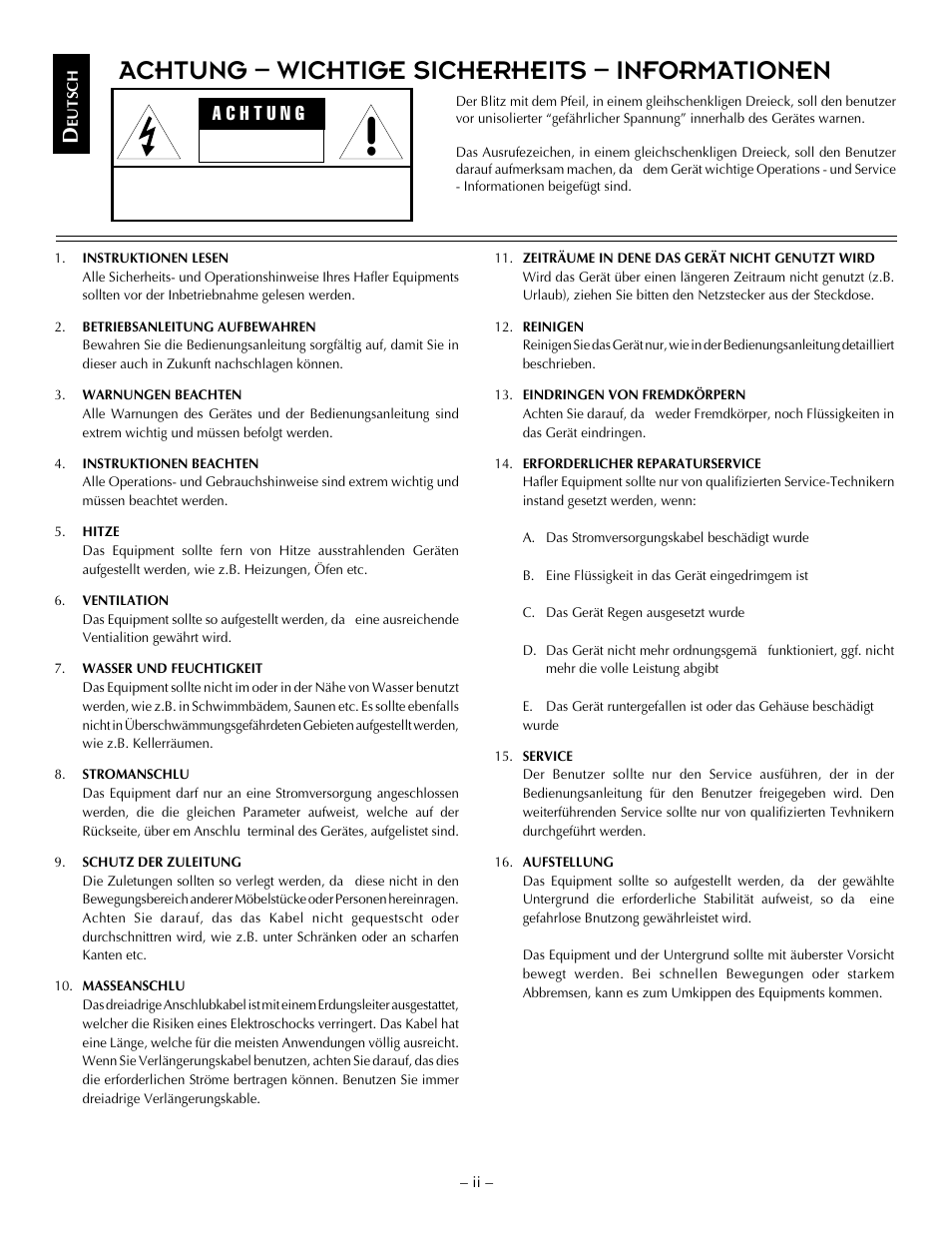 Achtung – wichtige sicherheits – informationen | Hafler TRANSANA TRM10S User Manual | Page 7 / 32