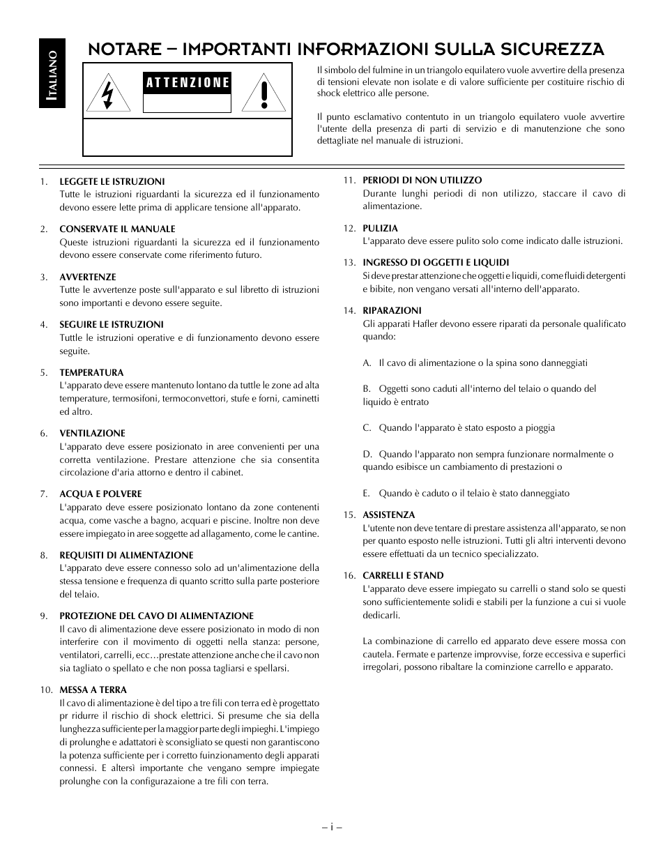 Notare – importanti informazioni sulla sicurezza | Hafler TRANSANA TRM10S User Manual | Page 8 / 32