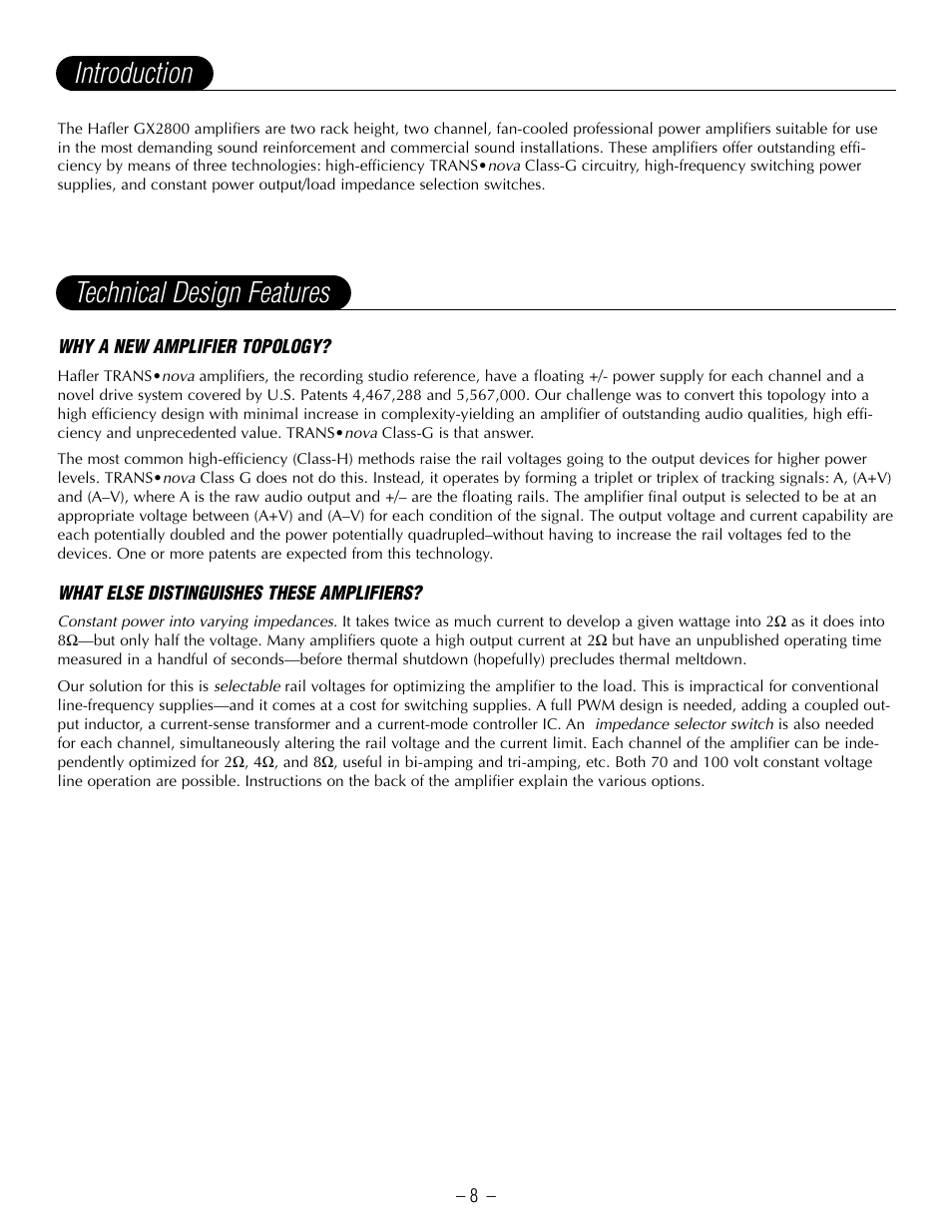 Introduction technical design features | Hafler GX2800CE User Manual | Page 10 / 24