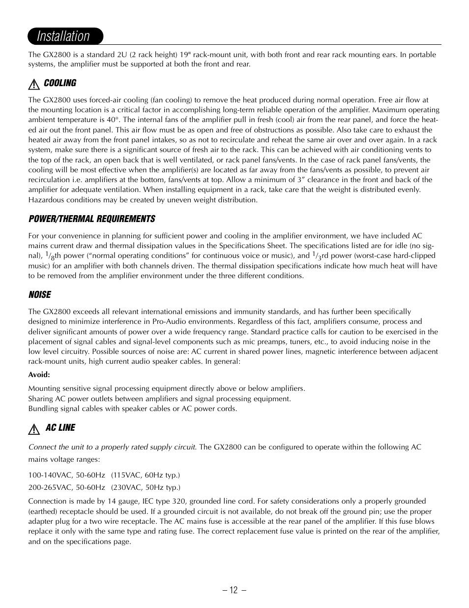 Installation | Hafler GX2800CE User Manual | Page 14 / 24