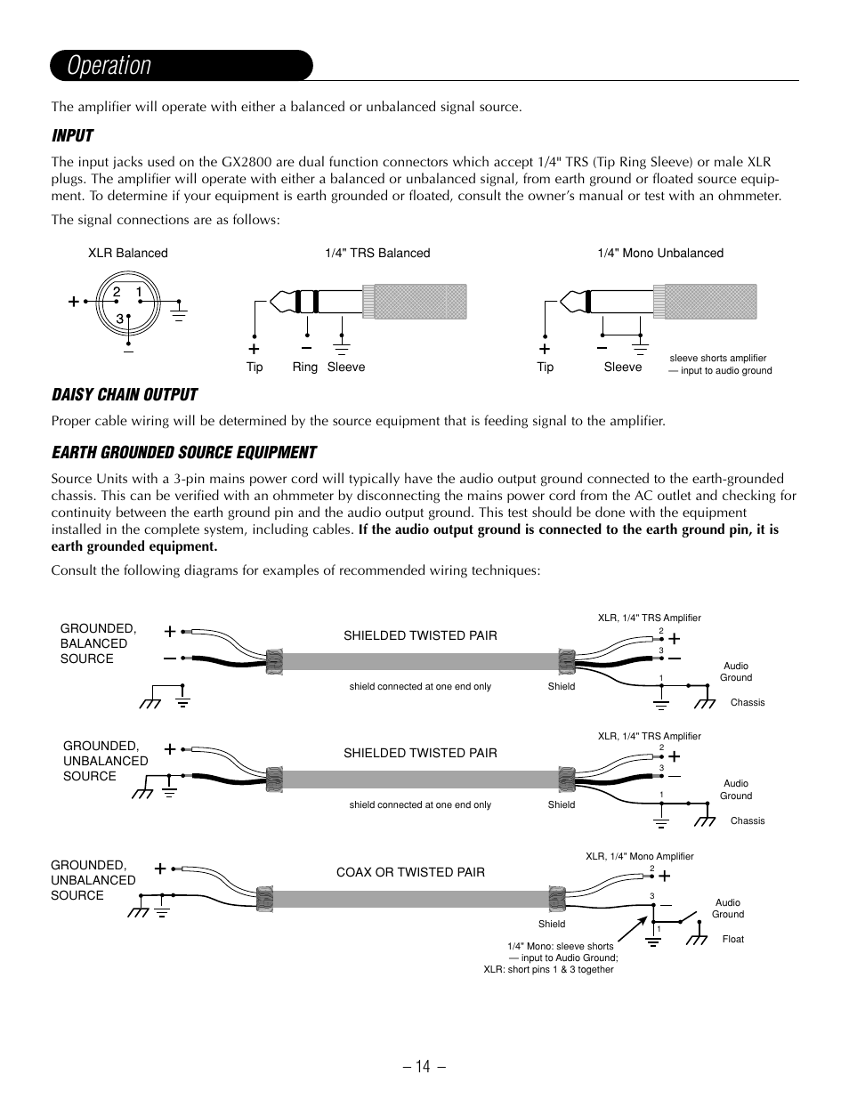 Operation, Input, Daisy chain output | Earth grounded source equipment | Hafler GX2800CE User Manual | Page 16 / 24