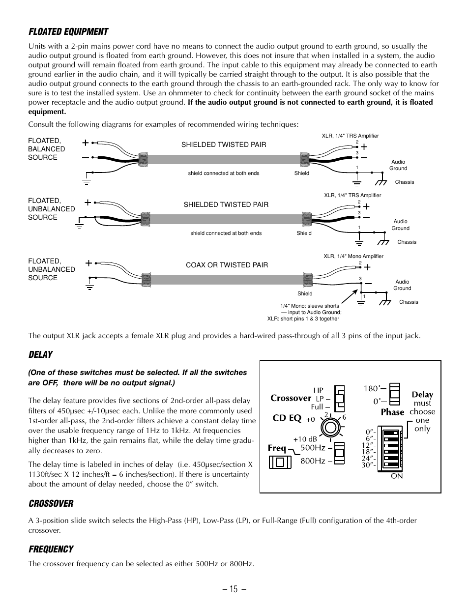 15 – floated equipment, Delay, Crossover | Frequency | Hafler GX2800CE User Manual | Page 17 / 24