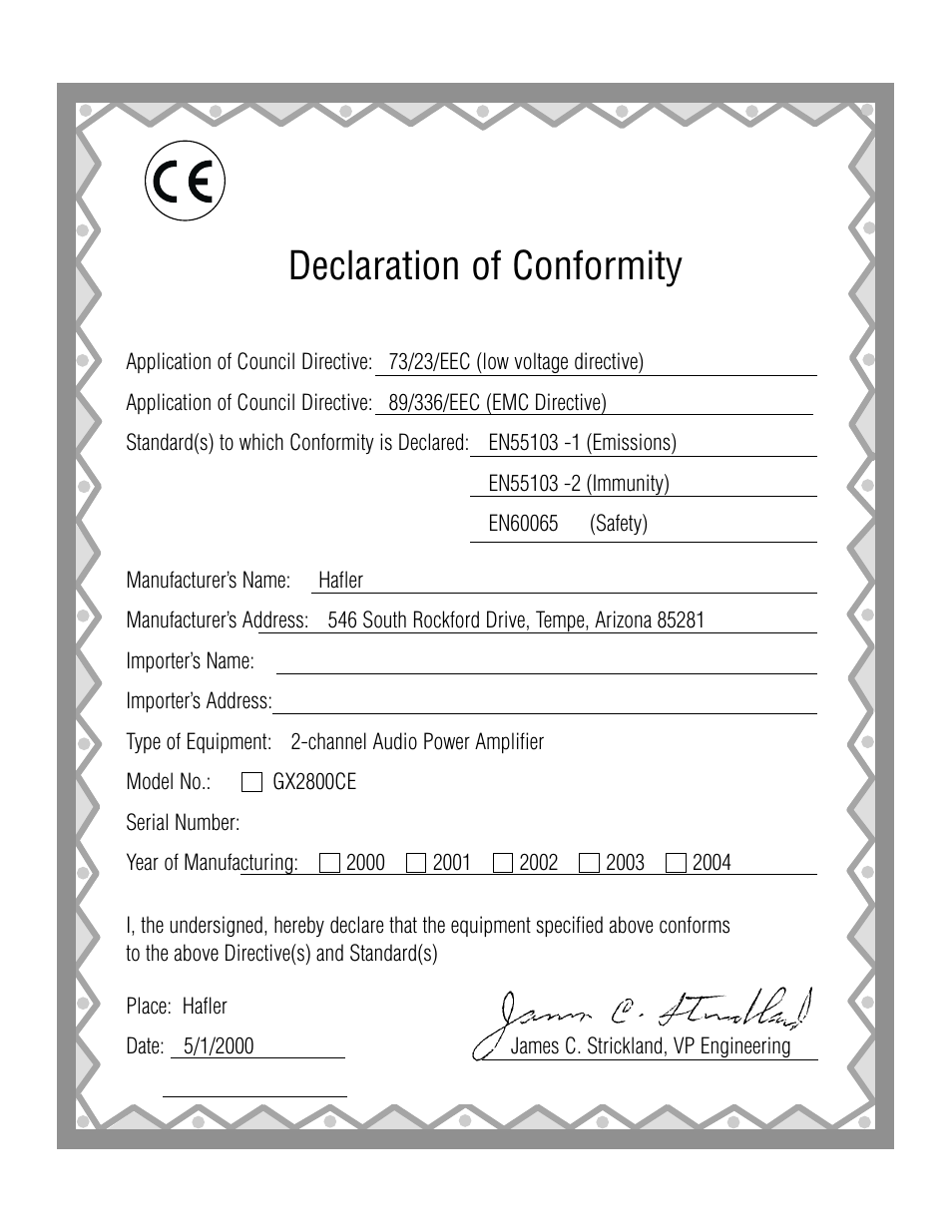 Declaration of conformity | Hafler GX2800CE User Manual | Page 2 / 24