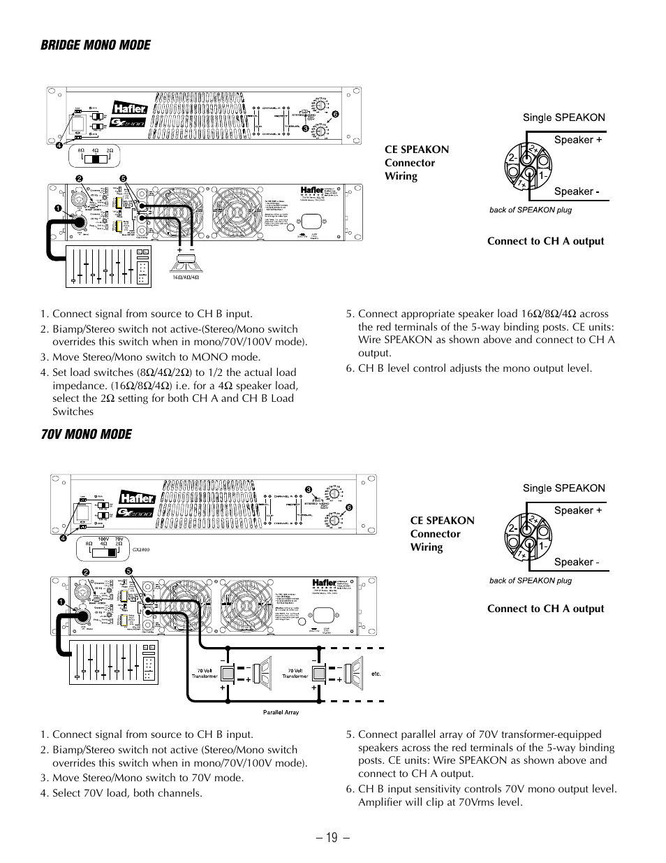 Bridge mono mode, 70v mono mode | Hafler GX2800CE User Manual | Page 21 / 24