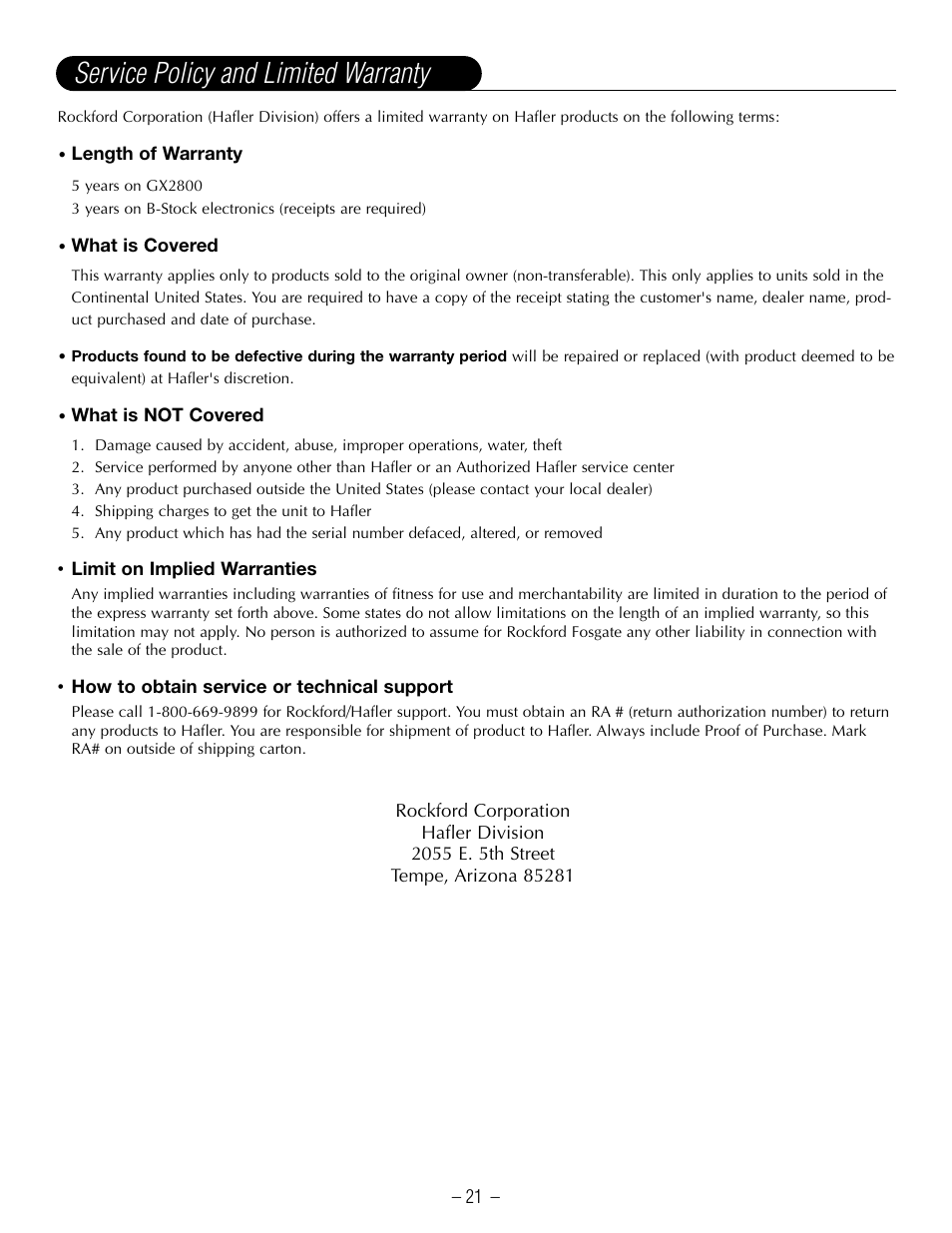 Service policy and limited warranty | Hafler GX2800CE User Manual | Page 23 / 24