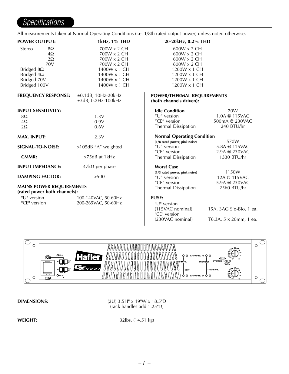 Specifications | Hafler GX2800CE User Manual | Page 9 / 24
