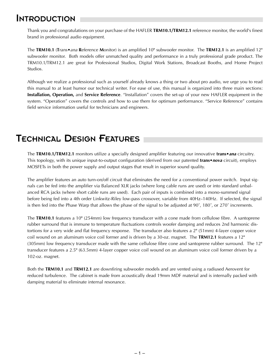 Ntroduction, Echnical, Esign | Eatures | Hafler TRM10.1 User Manual | Page 10 / 32