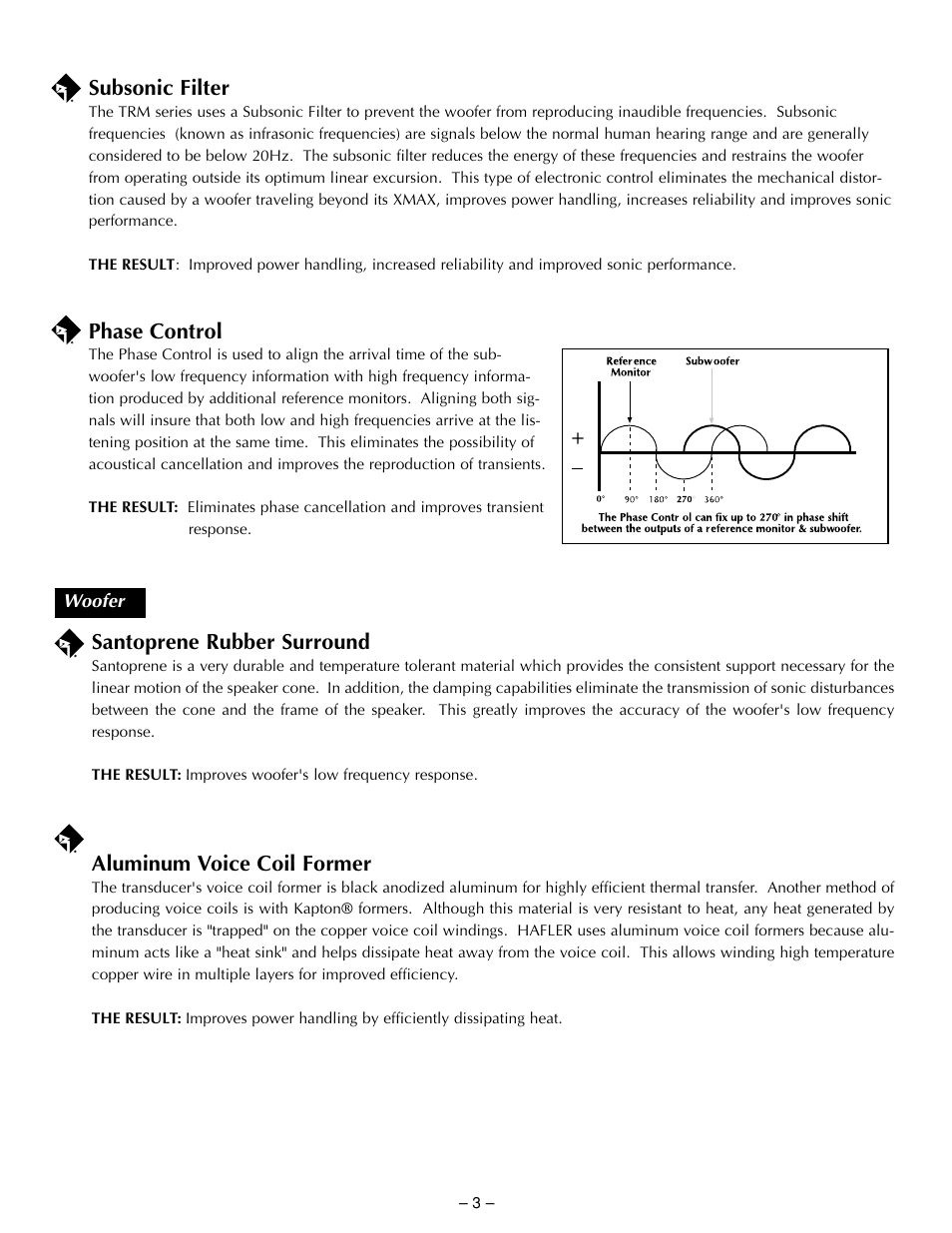 Santoprene rubber surround, Aluminum voice coil former, Subsonic filter | Phase control | Hafler TRM10.1 User Manual | Page 12 / 32