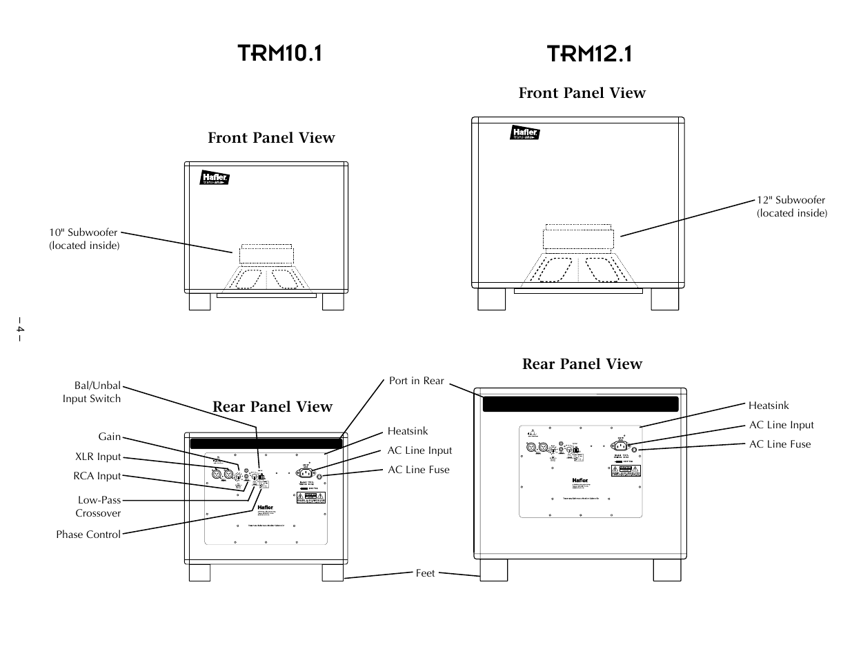 Front panel view, Front panel view rear panel view rear panel view | Hafler TRM10.1 User Manual | Page 13 / 32