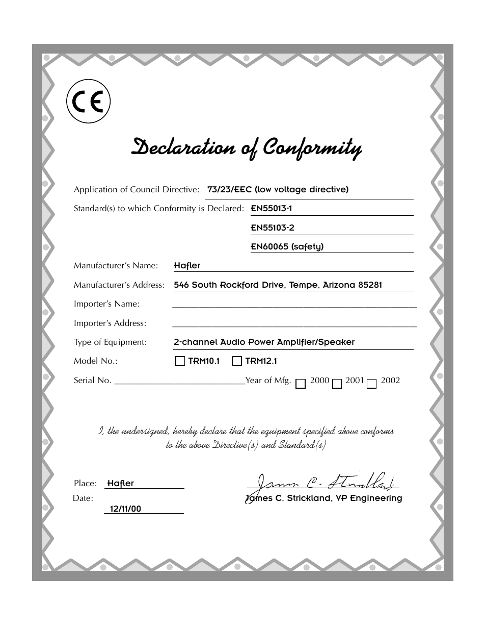 Declaration of conformity | Hafler TRM10.1 User Manual | Page 2 / 32