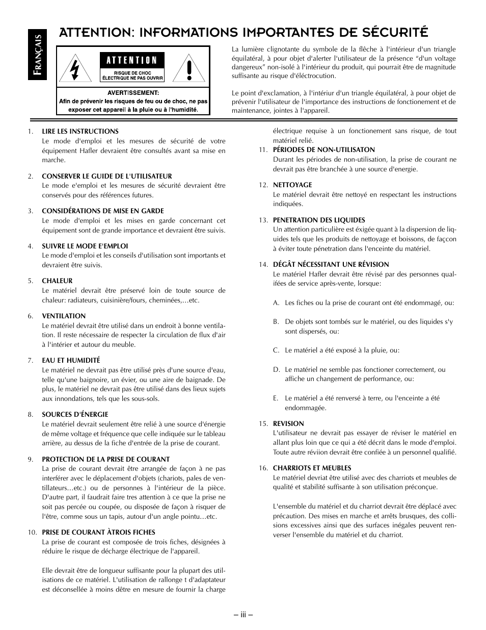 Attention: informations importantes de sécurité | Hafler TRM10.1 User Manual | Page 5 / 32