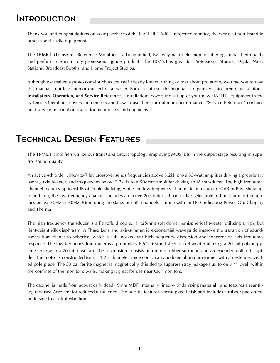 Ntroduction, Echnical, Esign | Eatures | Hafler TRM6.1CE User Manual | Page 10 / 36