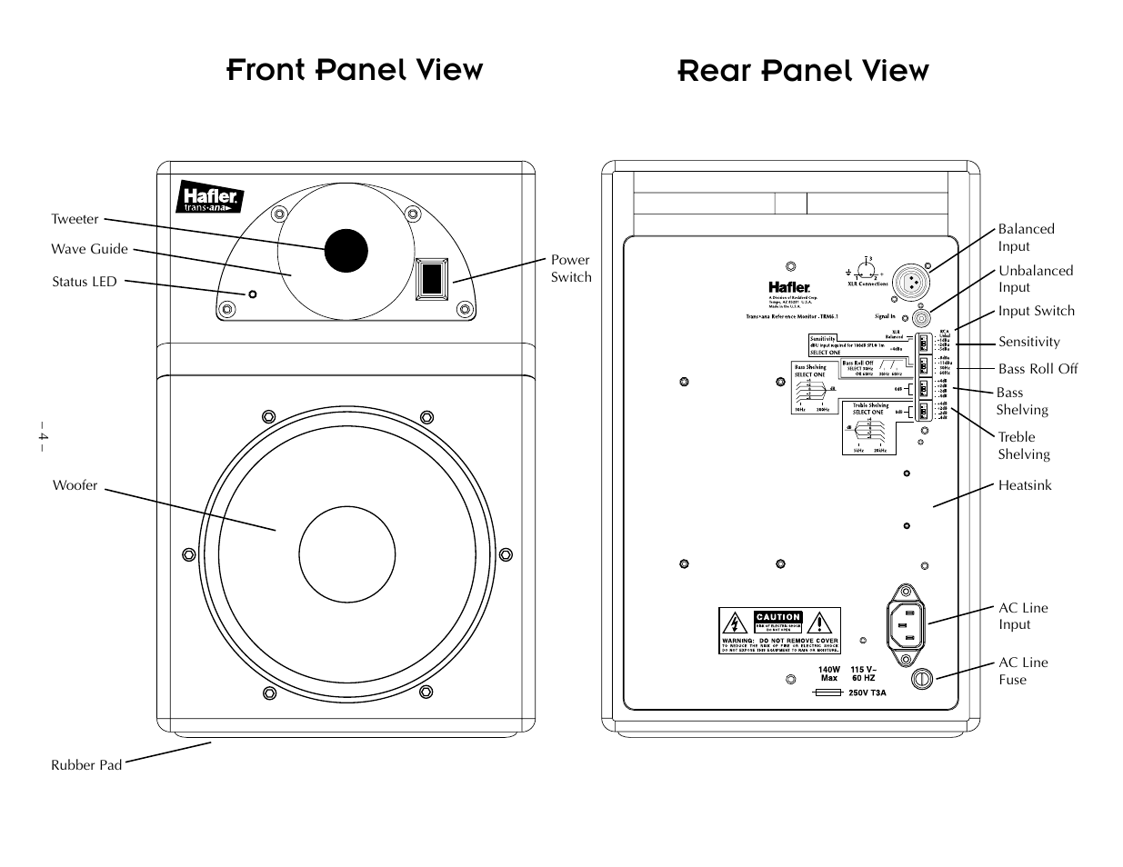 Front panel view, Rear panel view | Hafler TRM6.1CE User Manual | Page 13 / 36