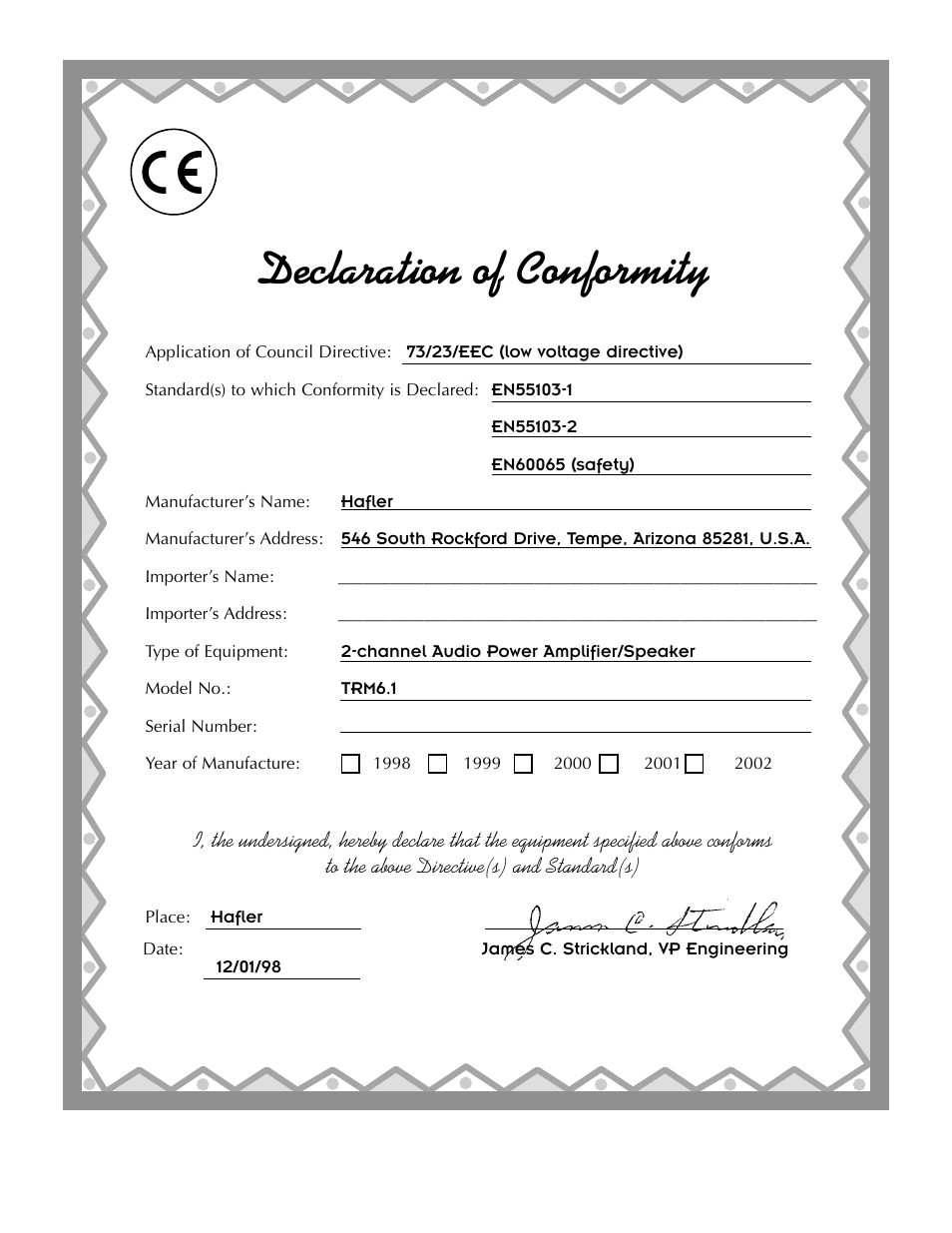 Declaration of conformity | Hafler TRM6.1CE User Manual | Page 2 / 36