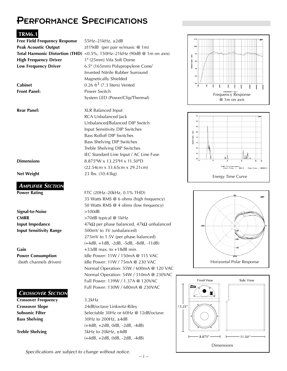 Erformance, Pecifications | Hafler TRM6.1CE User Manual | Page 3 / 36