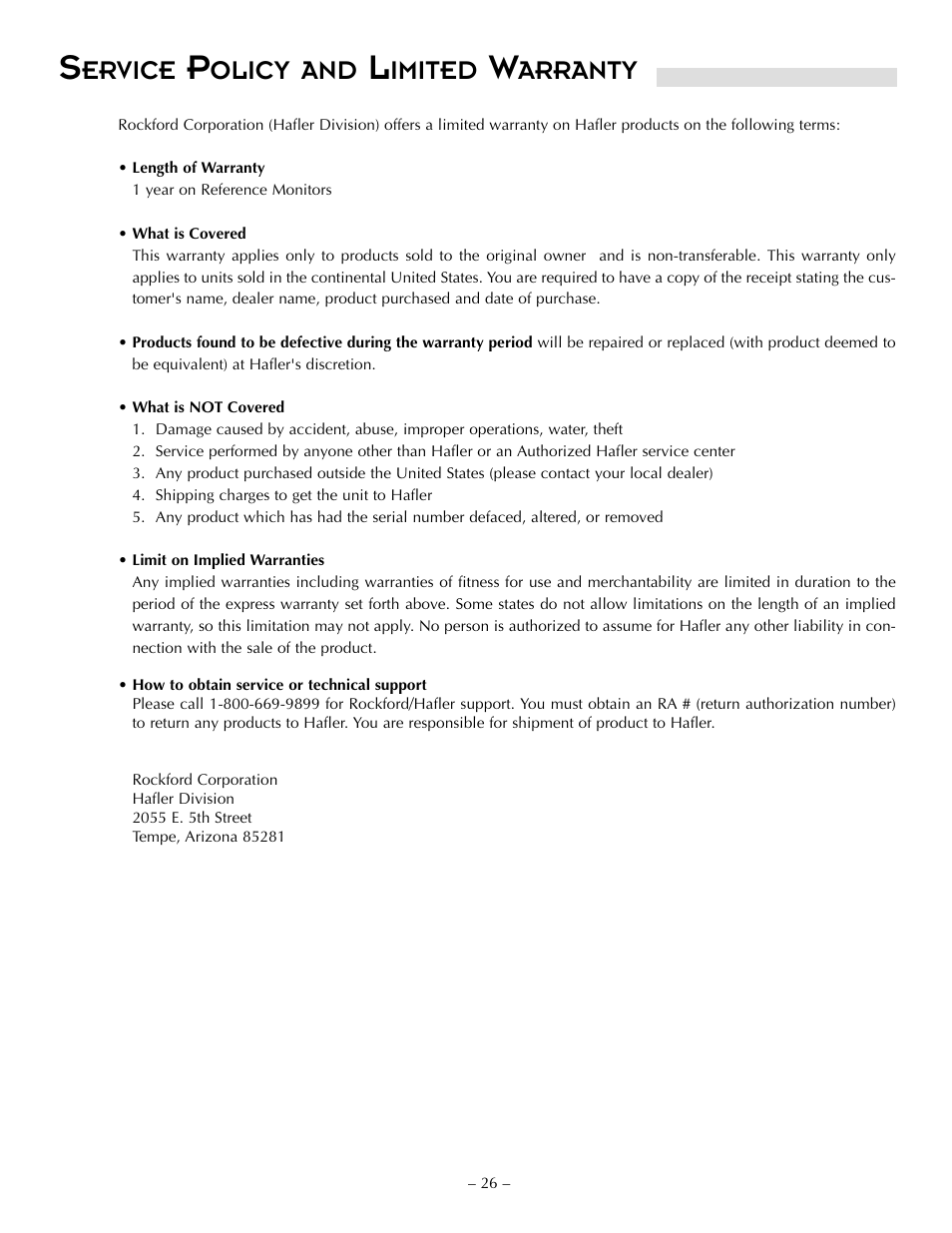 Ervice, Olicy and, Imited | Arranty | Hafler TRM6.1CE User Manual | Page 35 / 36