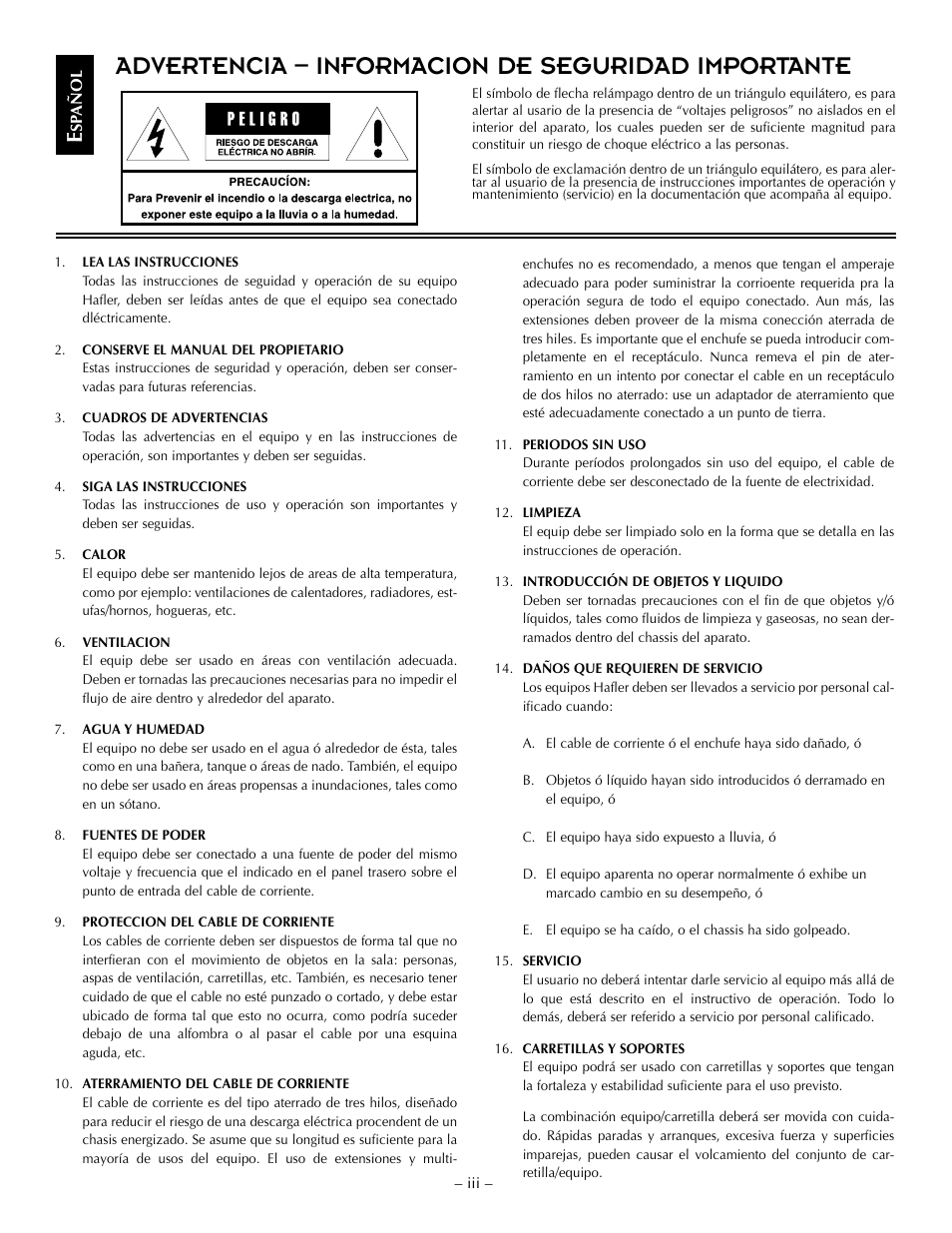 Advertencia – informacion de seguridad importante | Hafler TRM6.1CE User Manual | Page 5 / 36