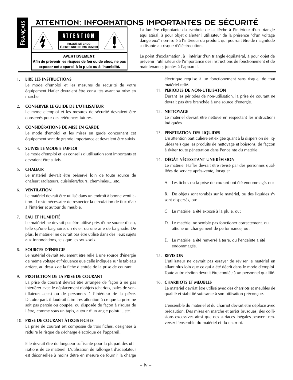 Attention: informations importantes de sécurité | Hafler TRM6.1CE User Manual | Page 6 / 36