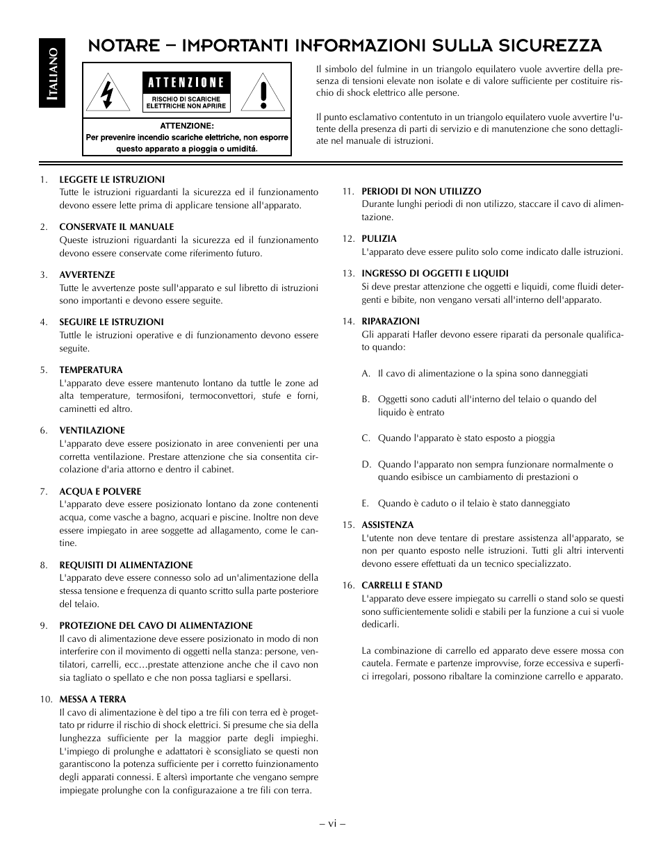 Notare – importanti informazioni sulla sicurezza | Hafler TRM6.1CE User Manual | Page 8 / 36