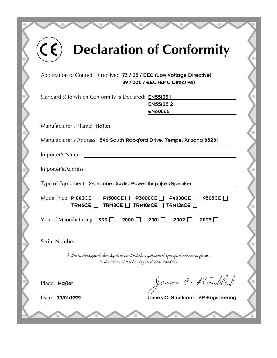 Declaration of conformity | Hafler P1500 User Manual | Page 2 / 28