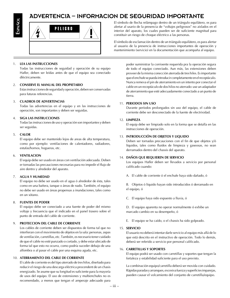 Advertencia – informacion de seguridad importante | Hafler P1500 User Manual | Page 5 / 28
