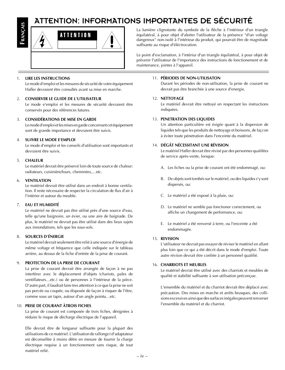 Attention: informations importantes de sécurité | Hafler P1500 User Manual | Page 6 / 28