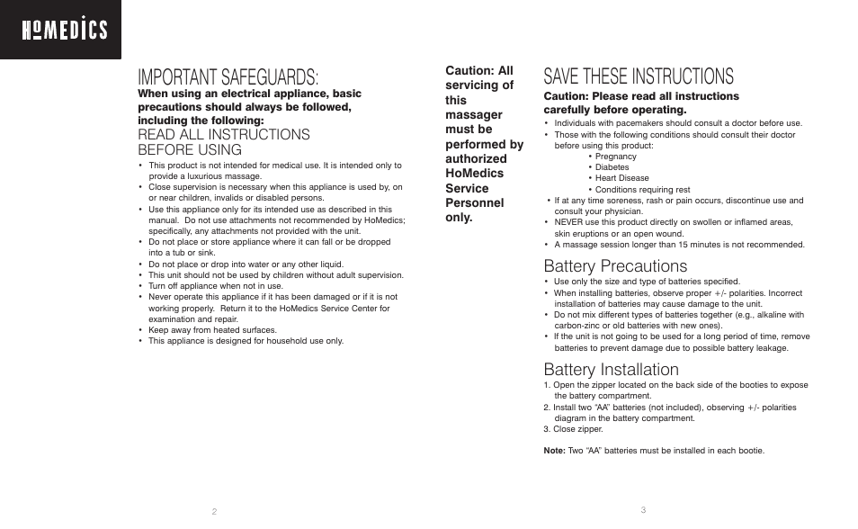 Save these instructions, Important safeguards, Battery precautions | Battery installation, Read all instructions before using | HoMedics Massaging Booties MB-1CB User Manual | Page 2 / 6