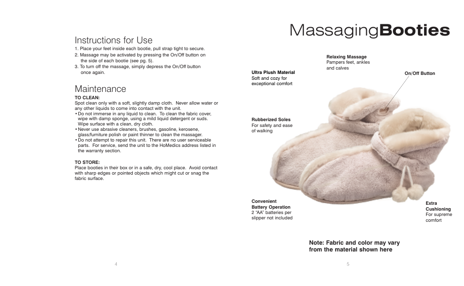 Massaging booties, Instructions for use, Maintenance | HoMedics Massaging Booties MB-1CB User Manual | Page 3 / 6