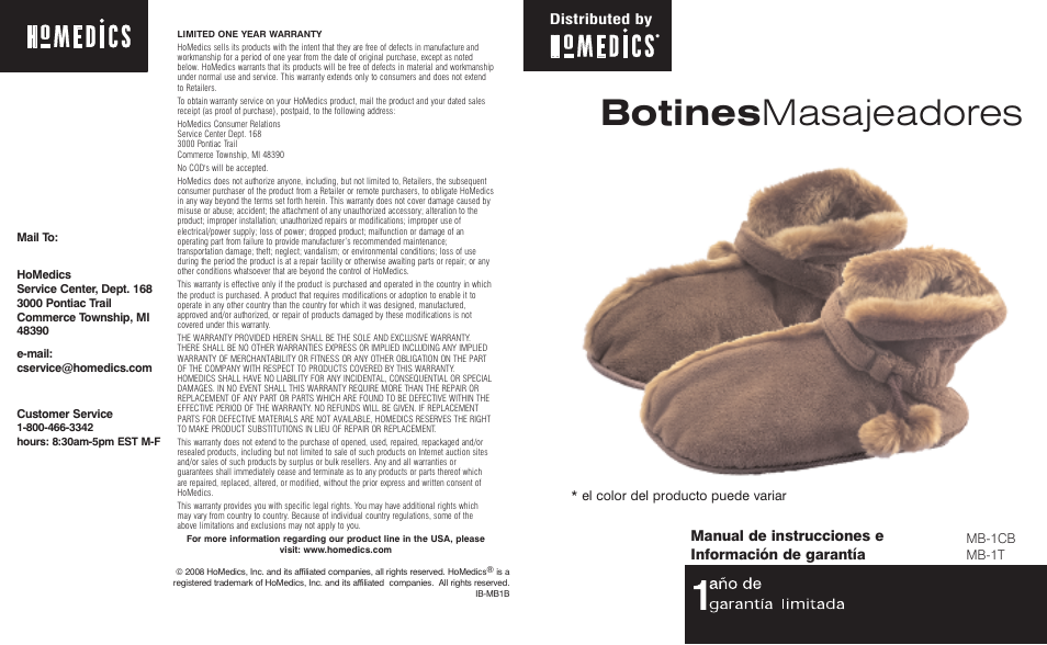 Botines masajeadores, Manual de instrucciones e información de garantía, Distributed by | HoMedics Massaging Booties MB-1CB User Manual | Page 4 / 6