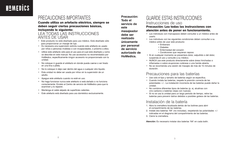 Precauciones importantes, Guarde estas instrucciones, Lea todas las instrucciones antes de usar | Instrucciones de uso, Precauciones para las baterías, Instalación de la batería | HoMedics Massaging Booties MB-1CB User Manual | Page 5 / 6