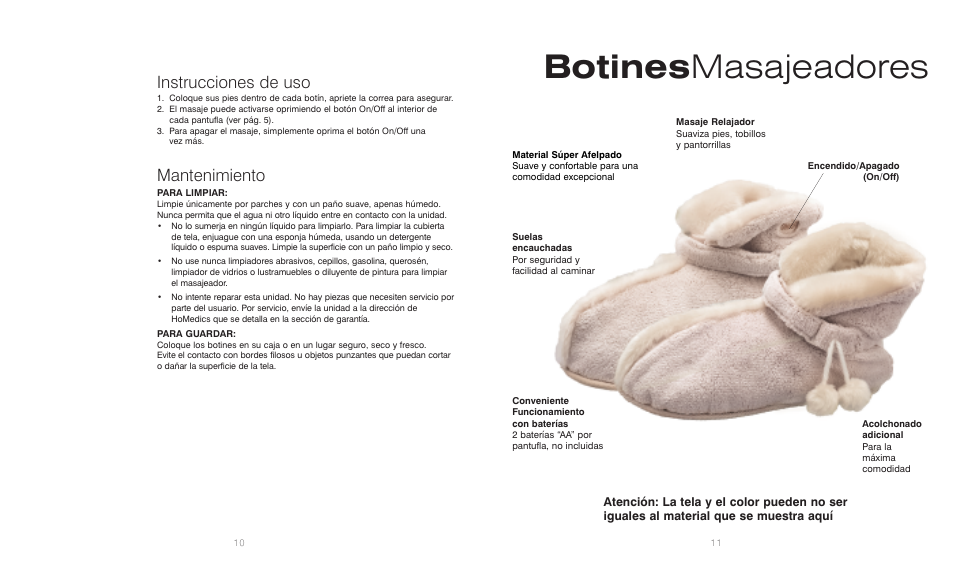 Botines masajeadores, Instrucciones de uso, Mantenimiento | HoMedics Massaging Booties MB-1CB User Manual | Page 6 / 6