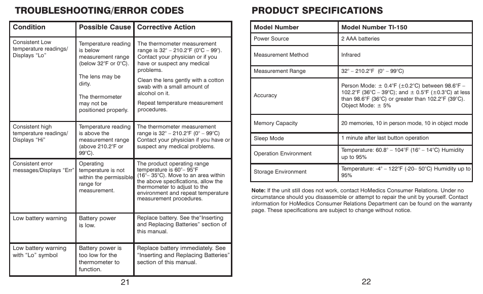 Troubleshooting/error codes, Product specifications | HoMedics TI-150 User Manual | Page 12 / 24