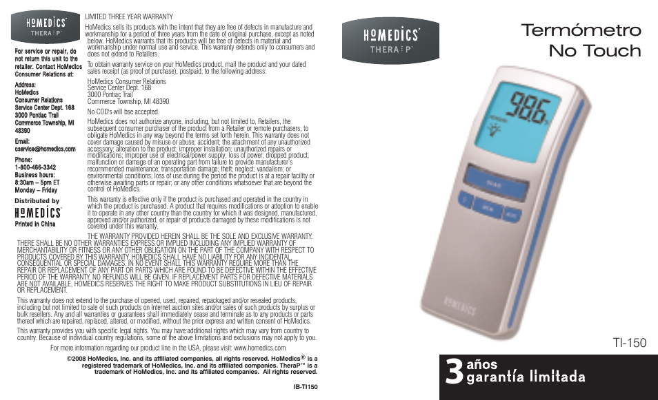 Termómetro no touch, Ti-150 | HoMedics TI-150 User Manual | Page 13 / 24